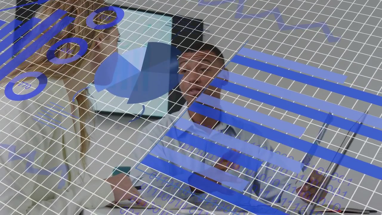 Man tapping phone woman leaning animated business meeting pie chart and sliding bars filling frame