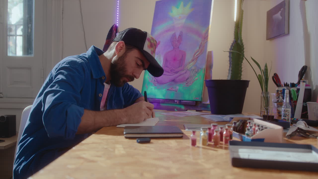 Concentrated Artist Drawing Sketch at Desk in Studio