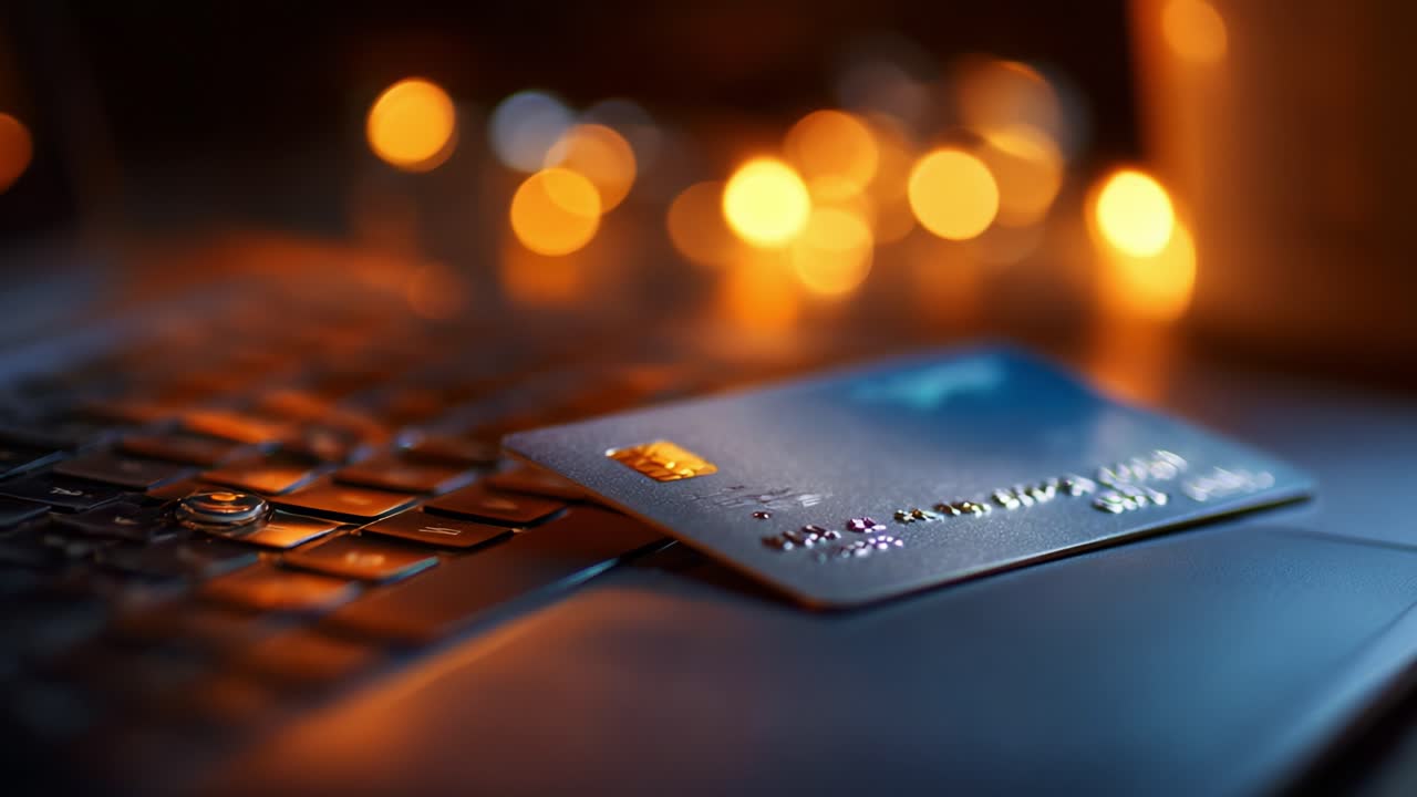 A Close-Up View of a Credit Card Resting on a Laptop Keyboard Surrounded by Soft Ambient Lighting, Perfectly Illustrating Online Shopping and Financial Transactions in a Cozy Atmosphere