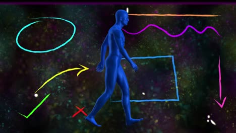 human body model walking over colorful abstract shapes and particles on black background