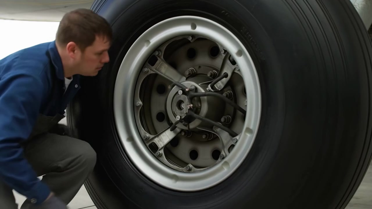 Person works near aircraft landing wheel, touching central hub and rim components while large tire fills frame, showing mechanical details, outdoor pavement, and bright natural lighting.