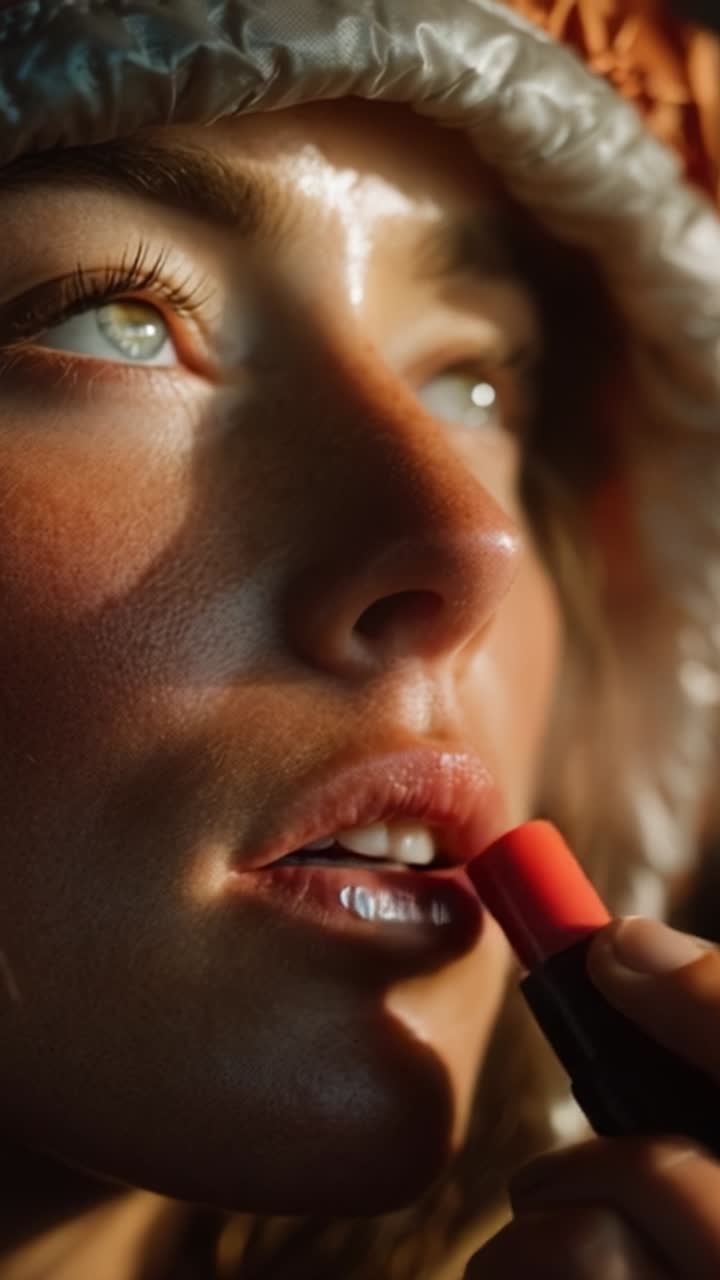 A close-up shot of a person applying lipstick, showcasing their glistening skin and focused expression, framed by the soft textures of a hooded garment