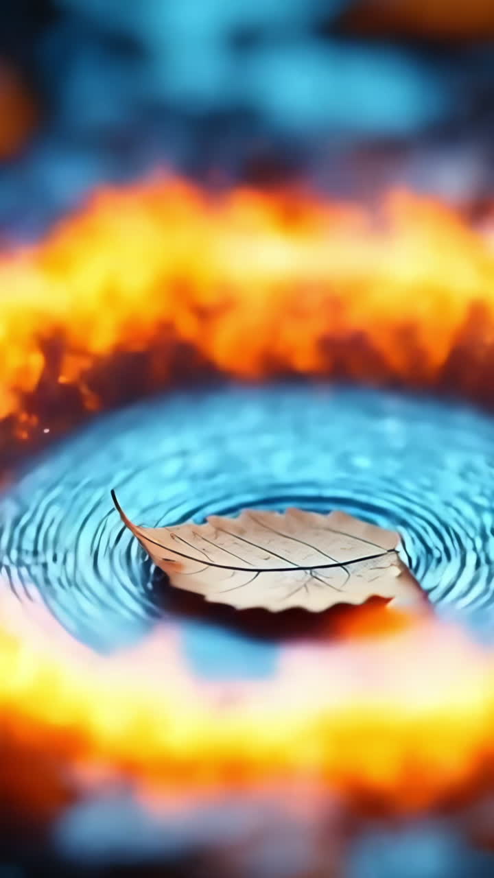 Leaf on water, fire ring. A leaf floats on water while surrounded by a glowing ring of fire, showcasing a vivid contrast of elements at twilight.