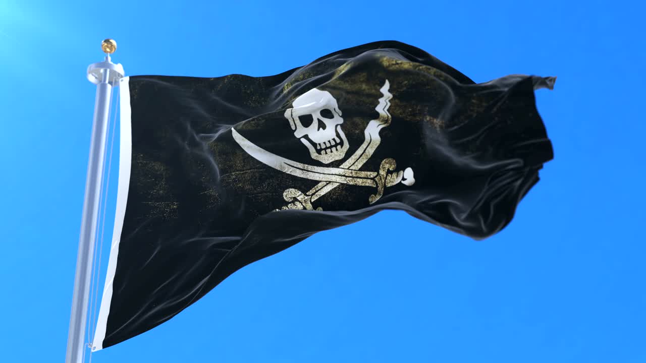 bandera pirata agitando en el viento en lento con el cielo azul, bucle