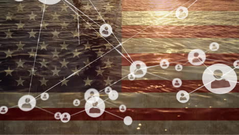 animation of network of people icons over flag of america and sea at sunset