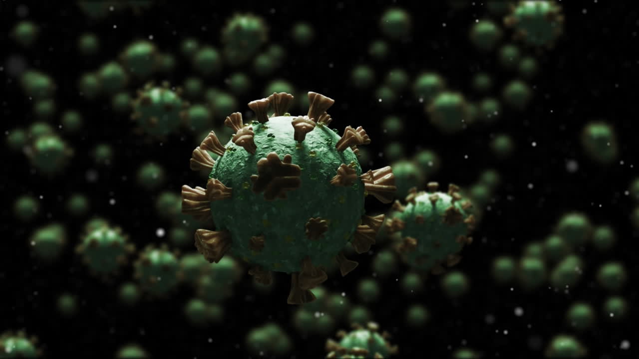 múltiples células de covid-19 y partículas blancas flotando contra el espacio de copia sobre un fondo negro