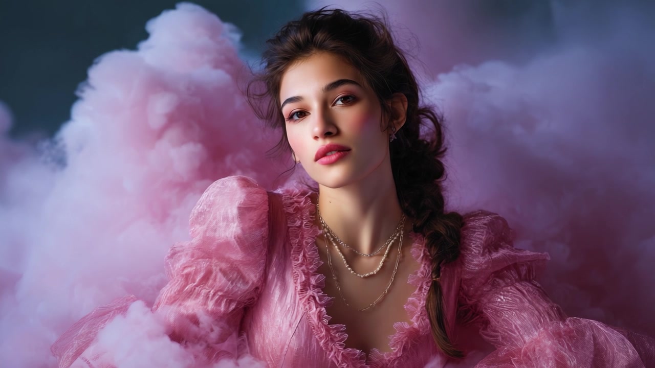 Glamorous Portrait of a Young Woman in Pink, Surrounded by Soft Pink Clouds, Capturing a Dreamy Atmosphere and Elegant Fashion in a Stunning Visual.