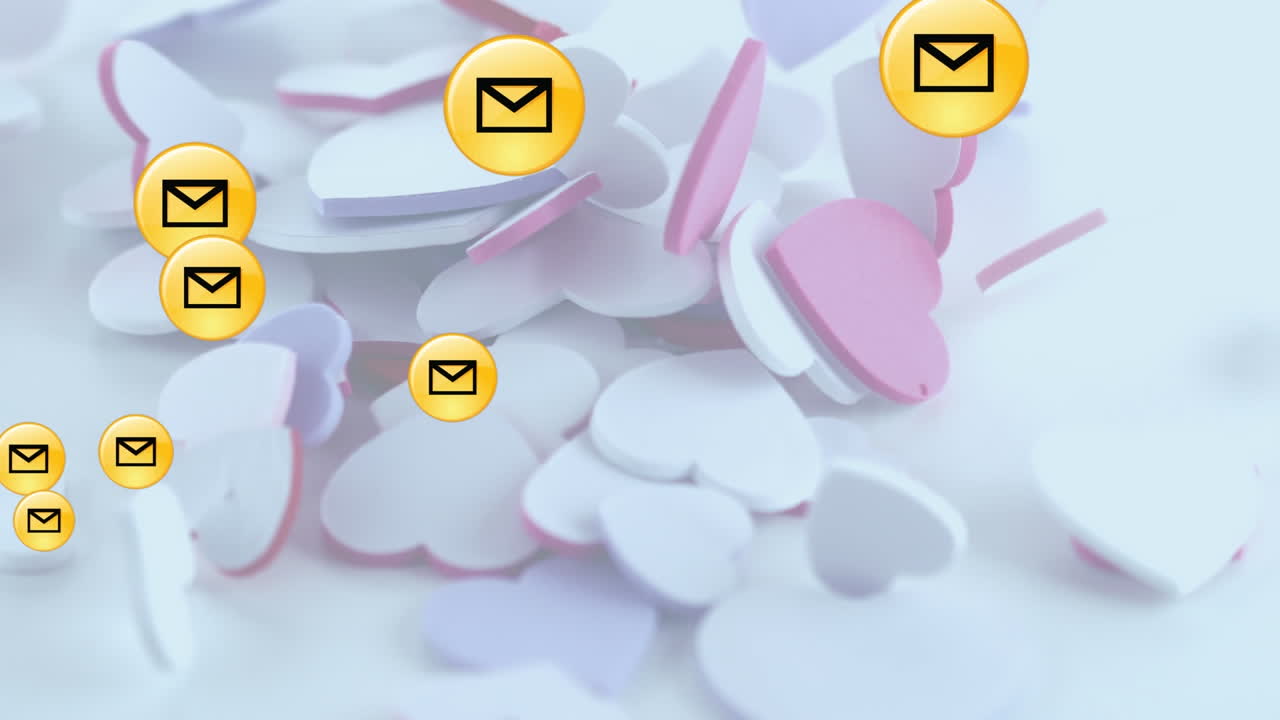 Multiple message icons floating over multiple hearts falling against white background