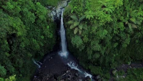 aerial view of idyllic waterfall in jungle with trees and grass in the morning with rocky river - kedung kayang waterfall in indonesia