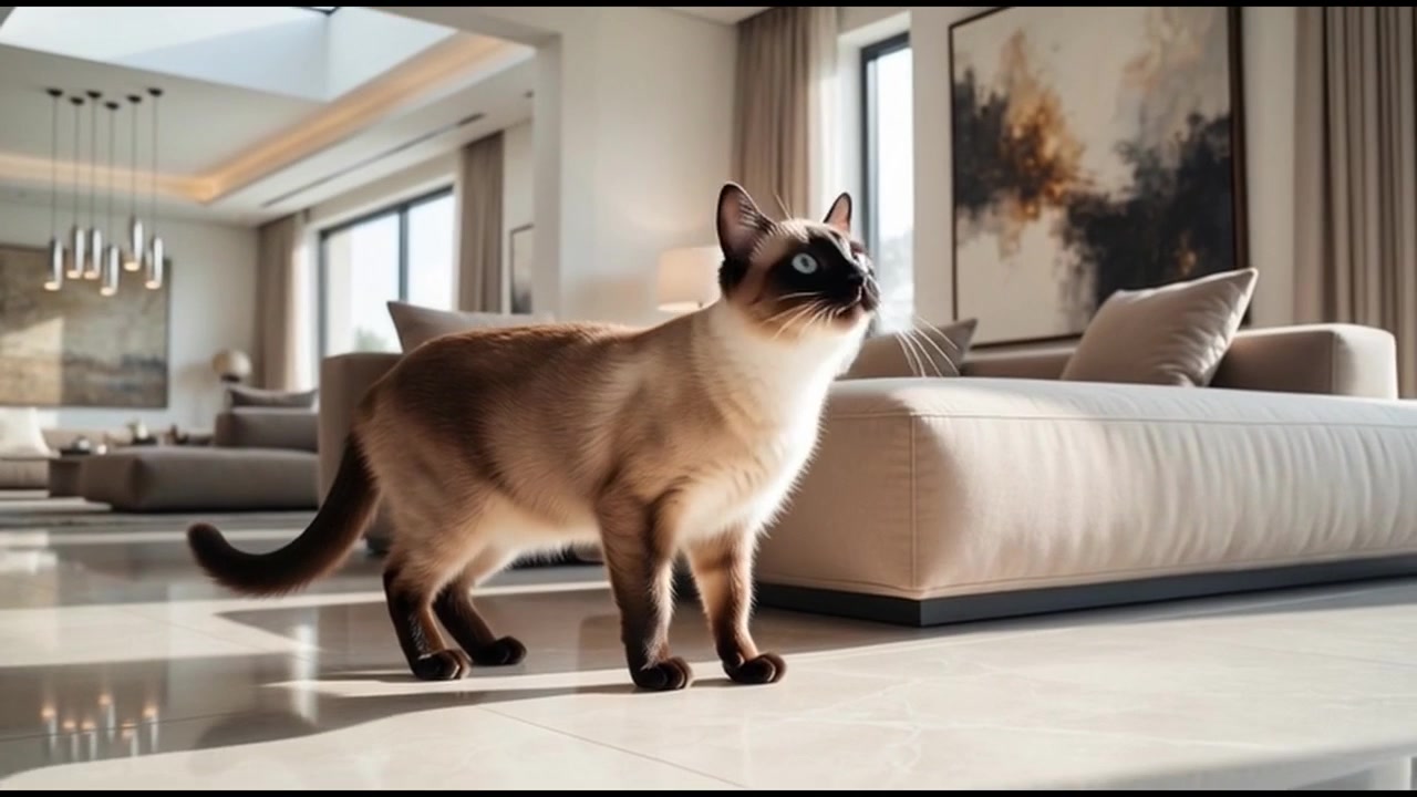 Gatto siamese che cammina attraverso un moderno soggiorno di lusso