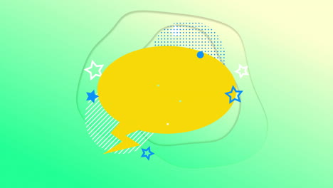 yellow speech bubble floating among green blobs, blue dotted arc and white star motifs
