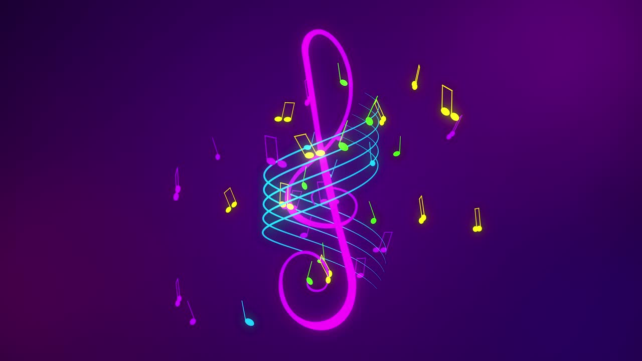 note musicali rotanti al neon e animazione a chiave alta 4k, sfondo a loop