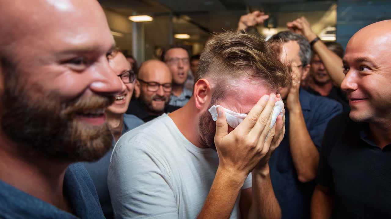 A joyful celebration captures the moment of surprise and elation as a group of friends and colleagues revels in a remarkable achievement, showcasing expressions of happiness, camaraderie, and sheer joy