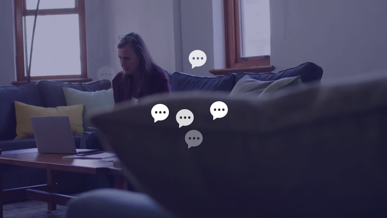 Woman sitting on couch with chat bubble animation over living room scene