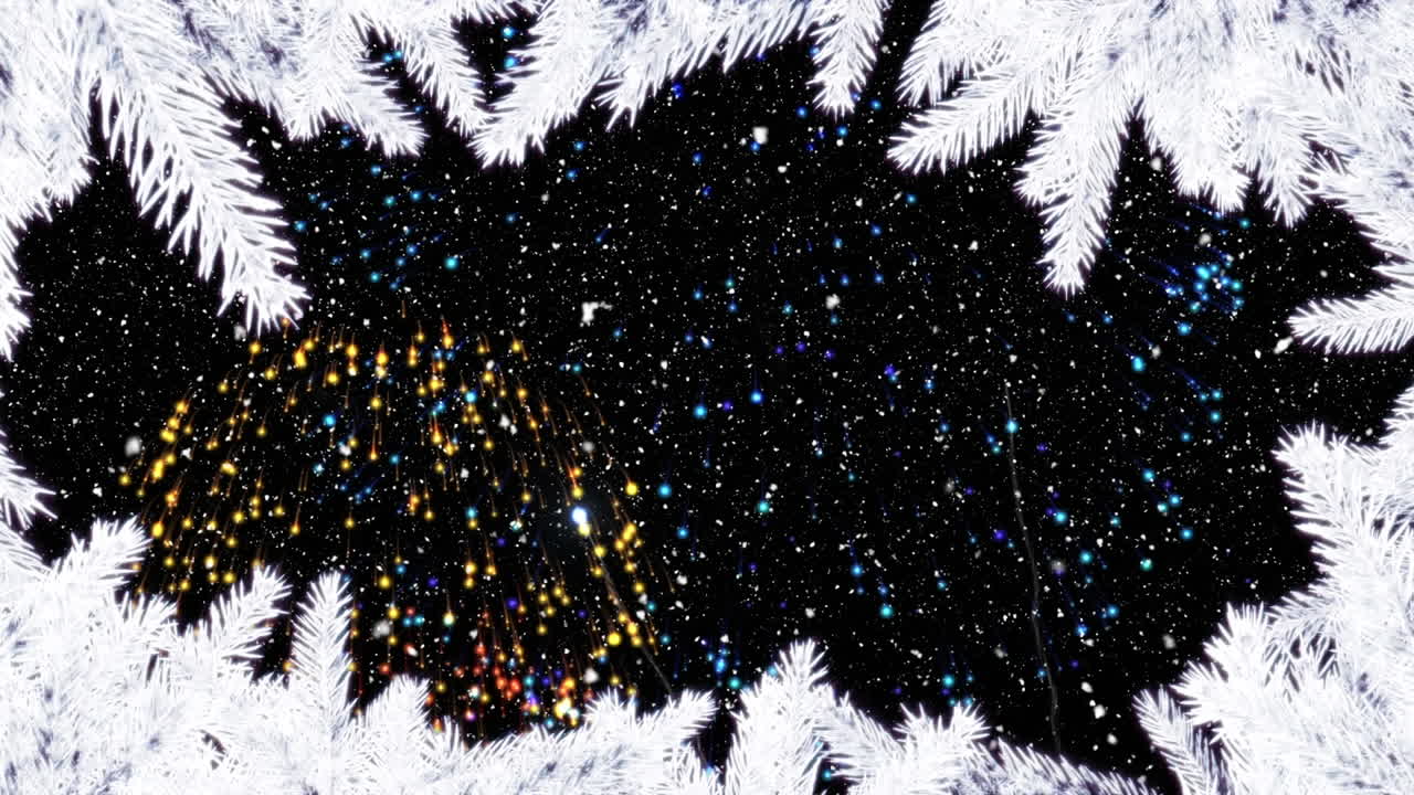 하 ⁇  크리스마스 트리 경계와 함께 밤에 다채로운 새해 불꽃놀이의 애니메이션