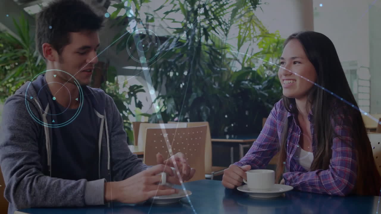 카페에서 다양한 사람들 사이의 연결 네트워크의 애니메이션