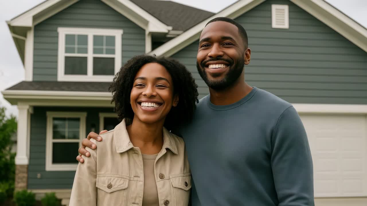 A happy couple stands in front of their home, smiling warmly. The eye-level angle gives a personal