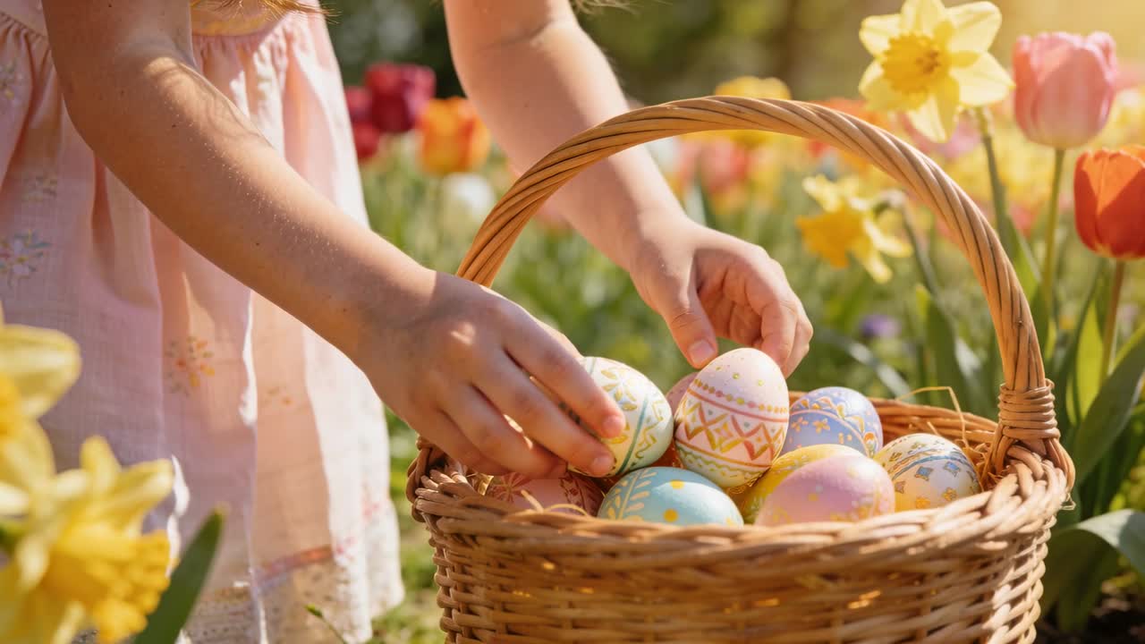 Reaching child wearing pink dress lifting pastel egg in garden, arranging wicker basket with tulips