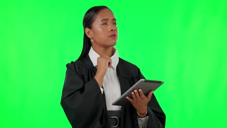 Tablet,-green-screen-and-law-with-woman-judge