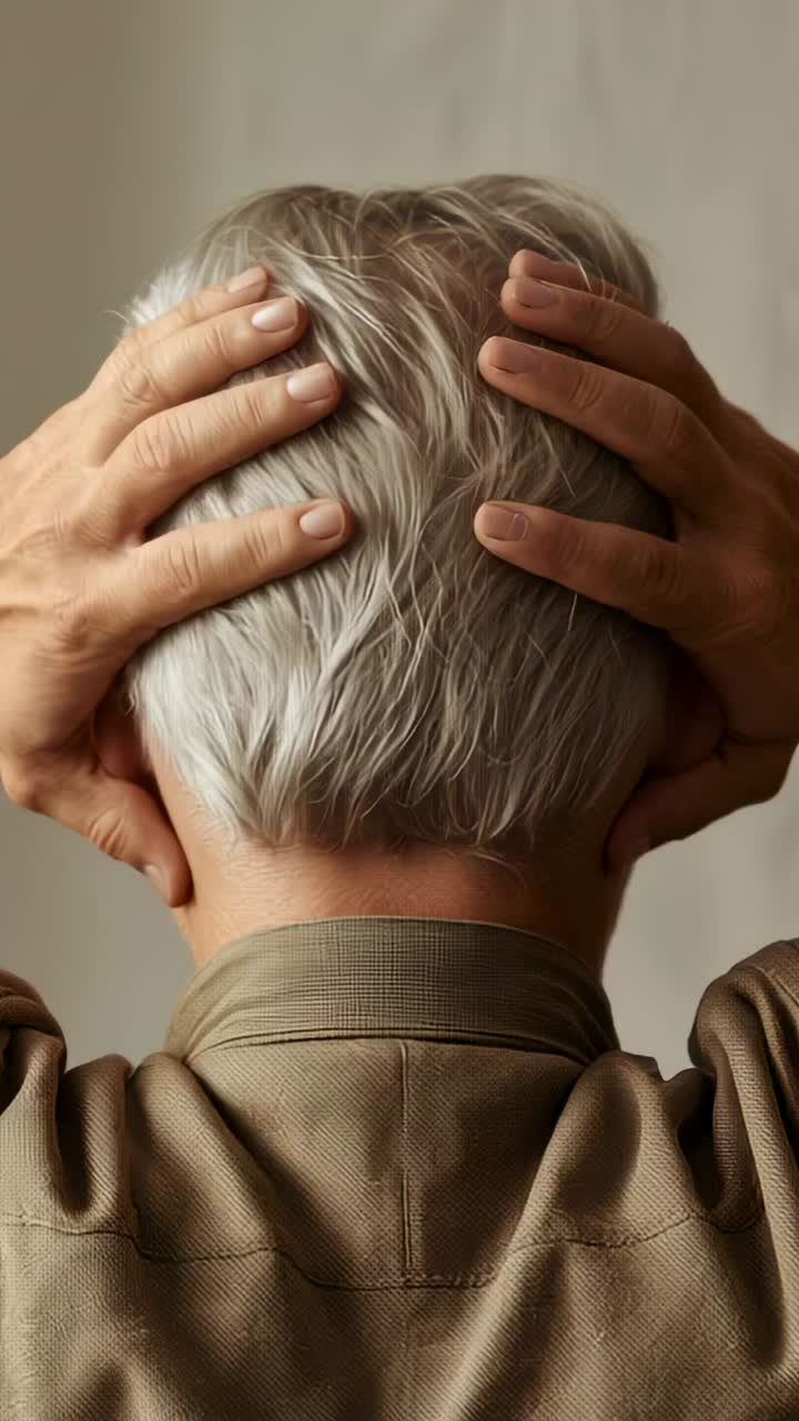 Vertical video: Placing senior fixing gray hair with hands posing by plain backdrop in brown jacket