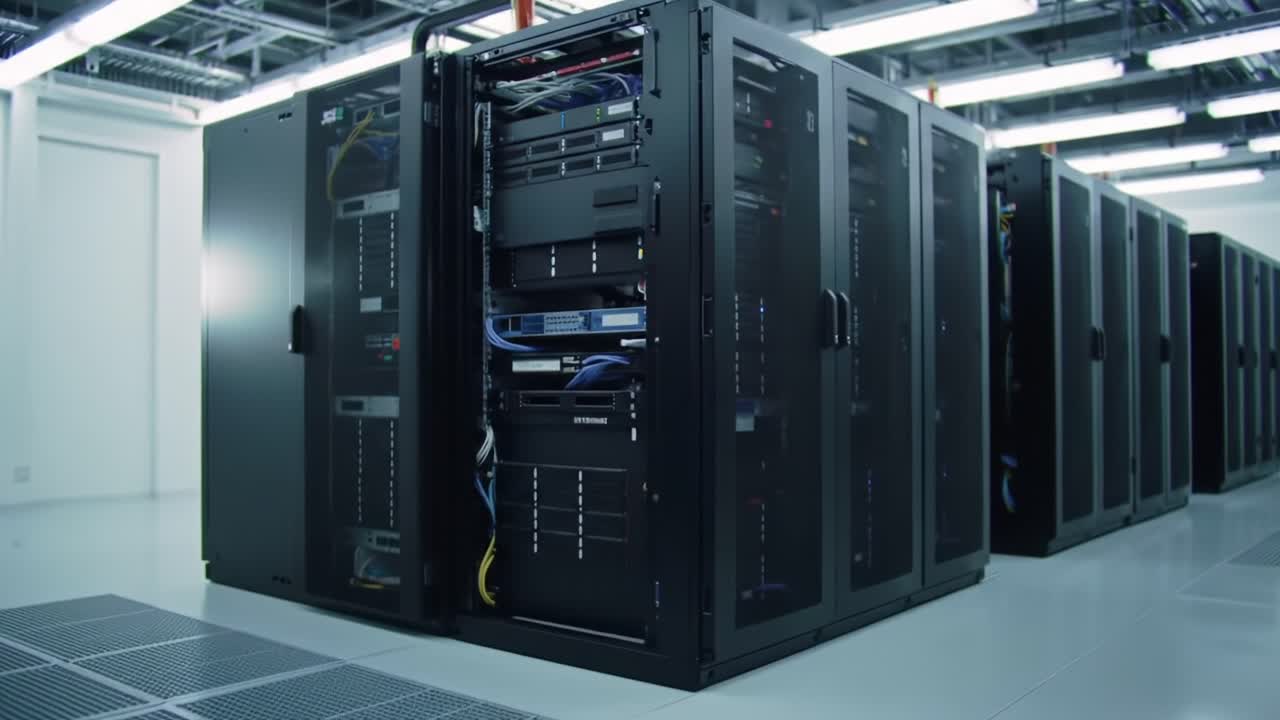 A Professional Data Center Featuring Rows of High-Tech Server Racks, Showcasing Advanced Networking Equipment and Efficient Cooling Systems for Optimal Performance