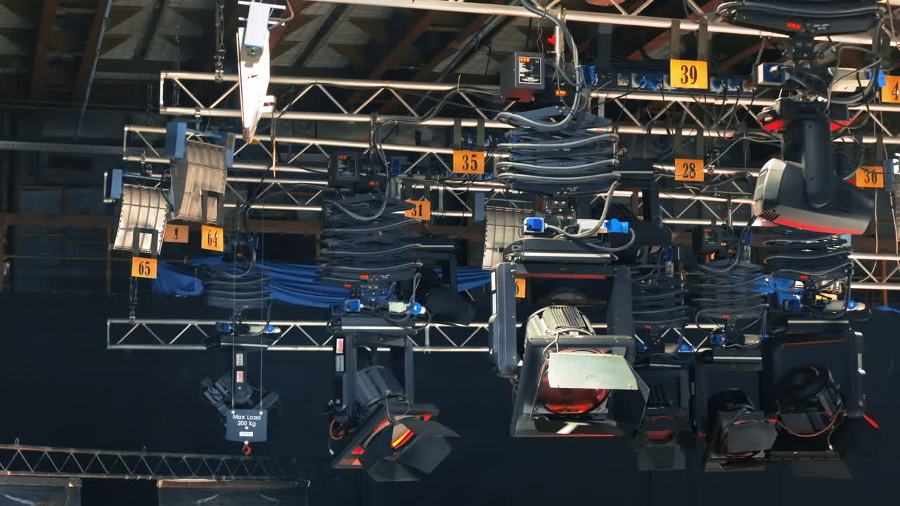 Studio lights equipment on the ceiling of a TV set