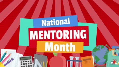 Animation-of-national-mentoring-month-day-text-over-school-icons-and-lines-on-red-background