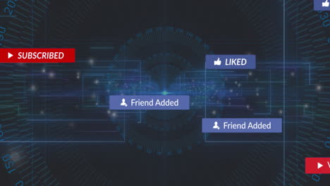 Red SUBSCRIBED button hovering center, glowing 3D neon circuit lines connecting notification icons