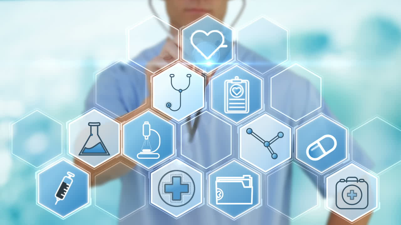 의료 터 아이콘에 스테토스코프를 사용하는 남성 의사