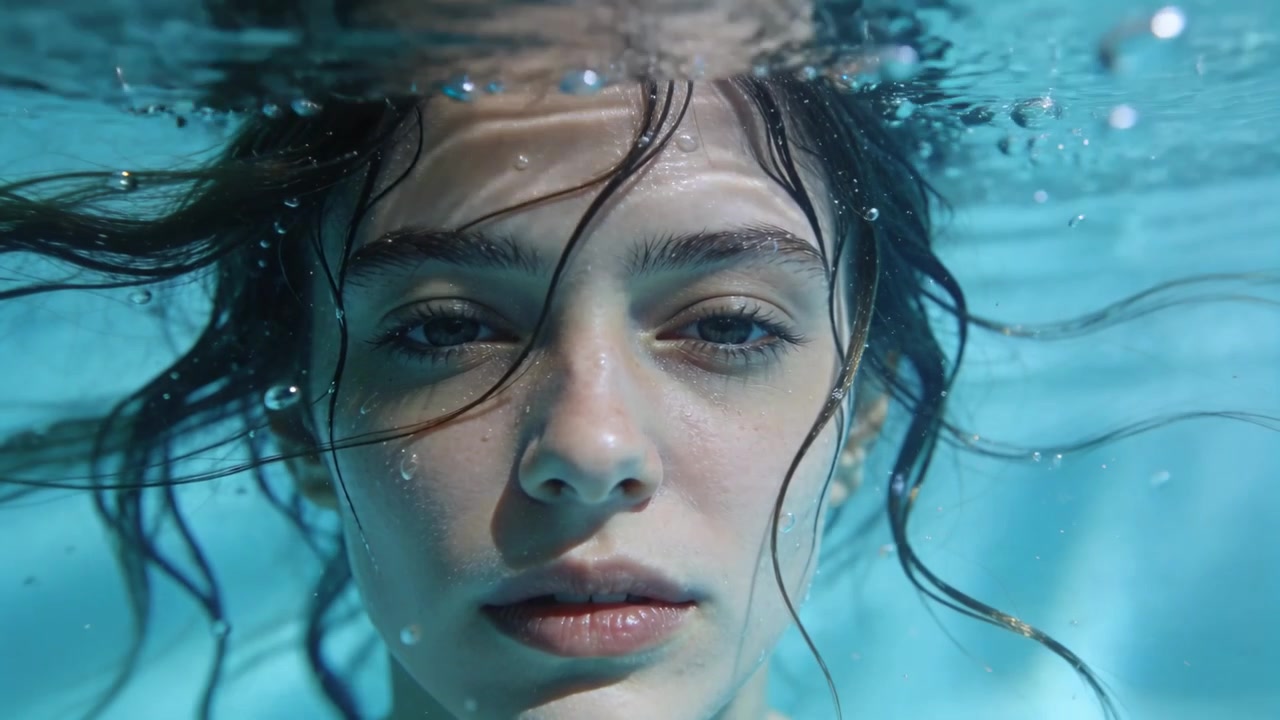 Câmera mergulhando capturando o rosto de uma mulher adulta flutuando em uma piscina turquesa, com bolhas e cabelo à deriva.