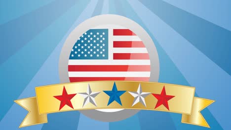 Multiple-colorful-stars-on-golden-ribbon-over-american-flag-against-blue-radial-background