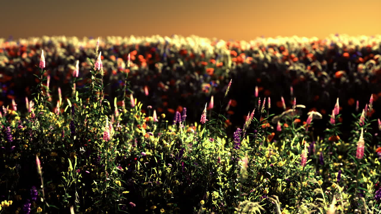 해가 지면 활기찬 야생 꽃은 다채로운 자연 배경을 만니다.