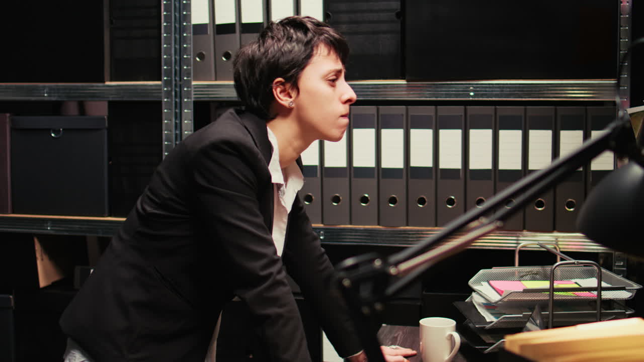 Office scene with a woman and document shelves