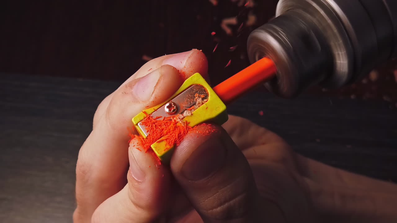 Overhead slow motion of sharpening the pencil in sharpeners using a drill by a caucasian young man