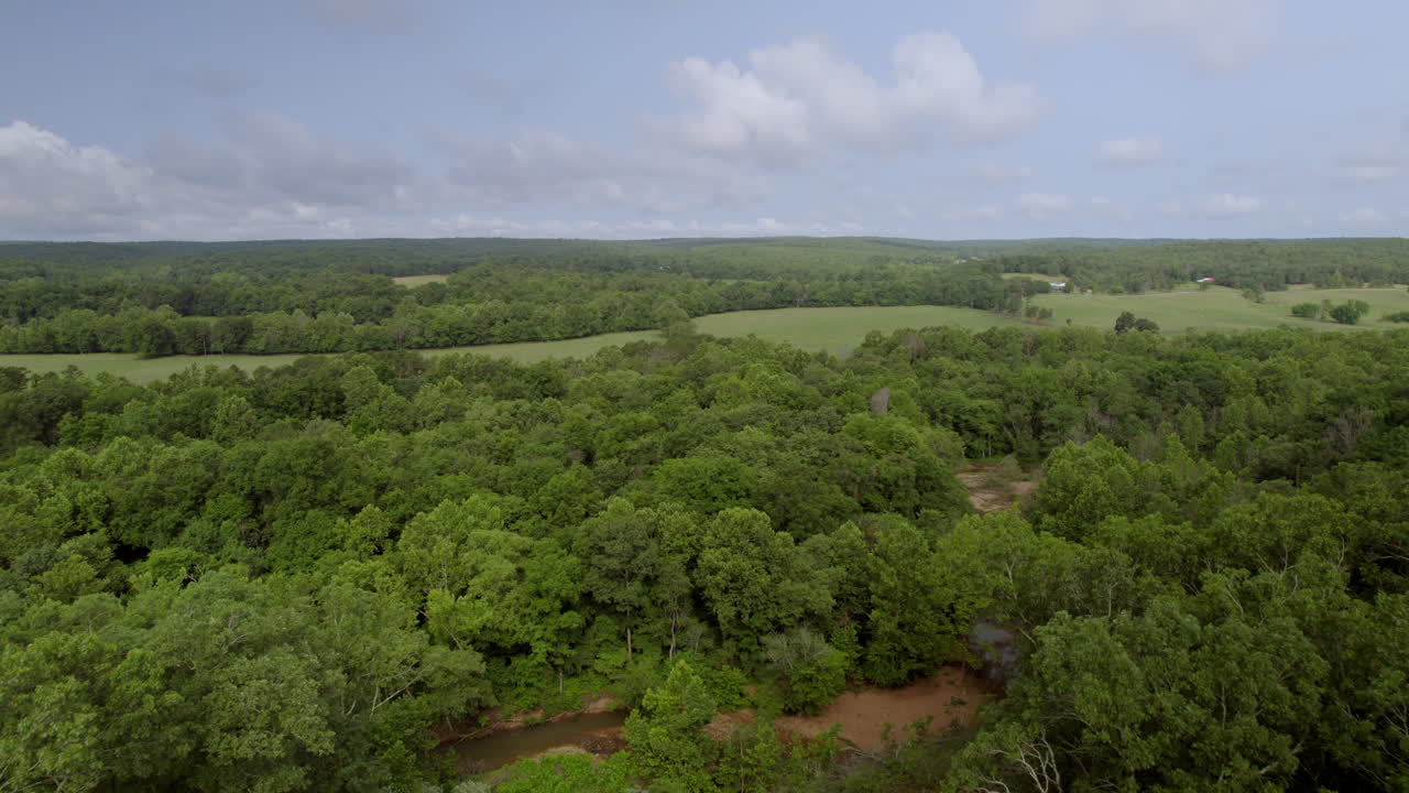 Ripresa aerea in allontanamento sopra gli alberi e da un campo nel Missouri meridionale