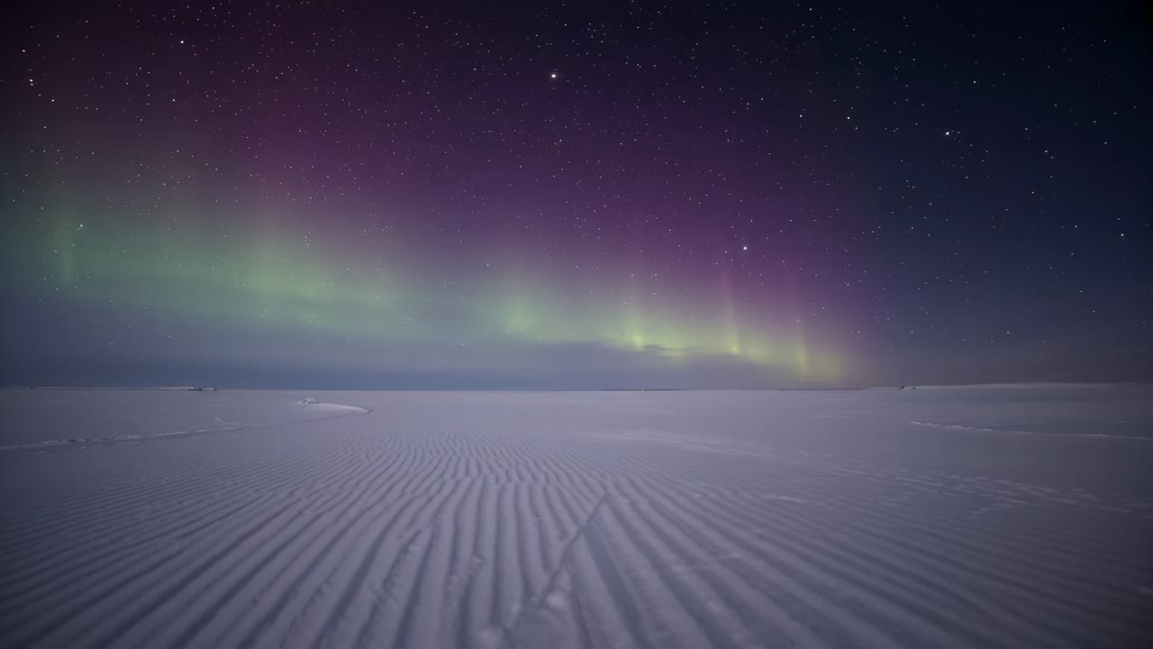 Fascia aurorale mutevole che si sposta e si illumina sulla pianura polare di notte, mostrando neve increspata