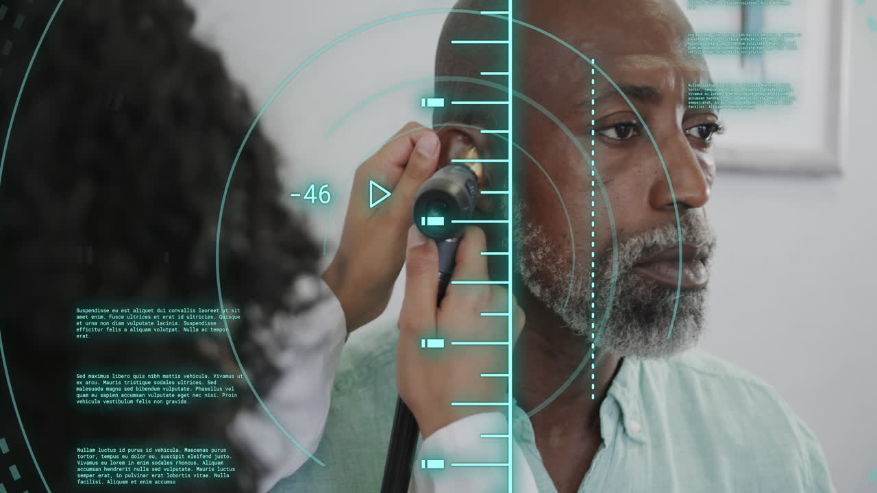 animación del procesamiento de datos sobre diversos pacientes masculinos y médicos que comprueban el oído