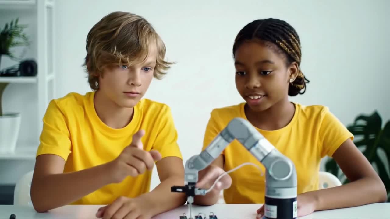 Diverse Children Building a Robotic Arm in a STEM Education Class