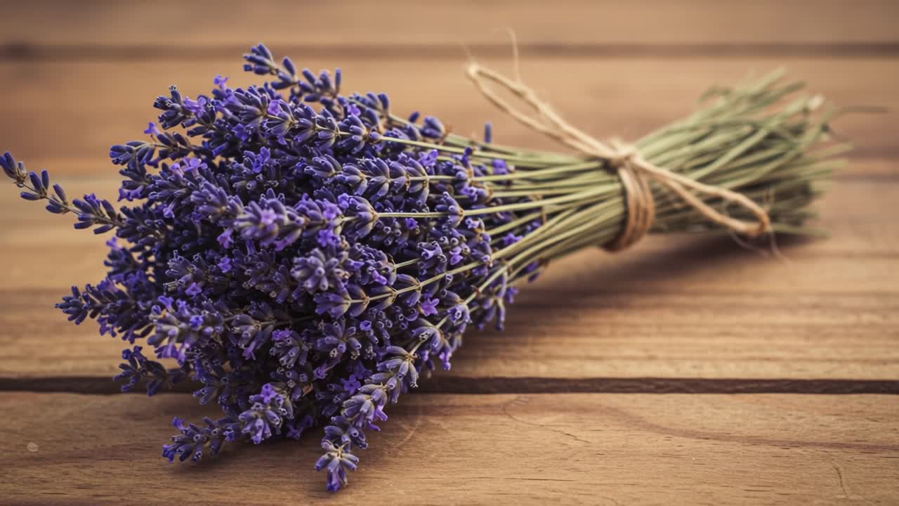 A Beautifully Arranged Bouquet of Lavender Stems with Striking Purple Blooms Accentuates the Rustic Charm of a Wooden Surface