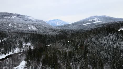 Bosques-Cubiertos-De-Nieve-Y-Majestuosas-Montañas-Rodean-El-Río-Adams-En-Un-Día-Nublado