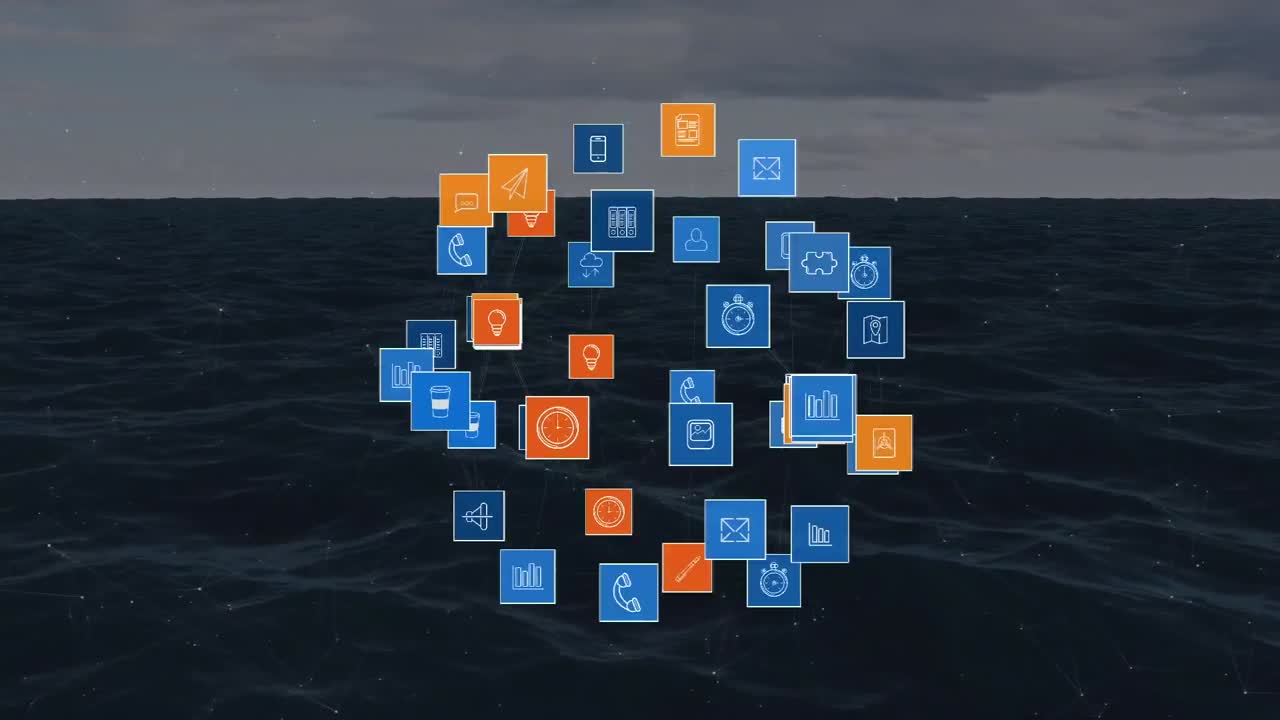 animación de iconos de negocios sobre las olas del mar