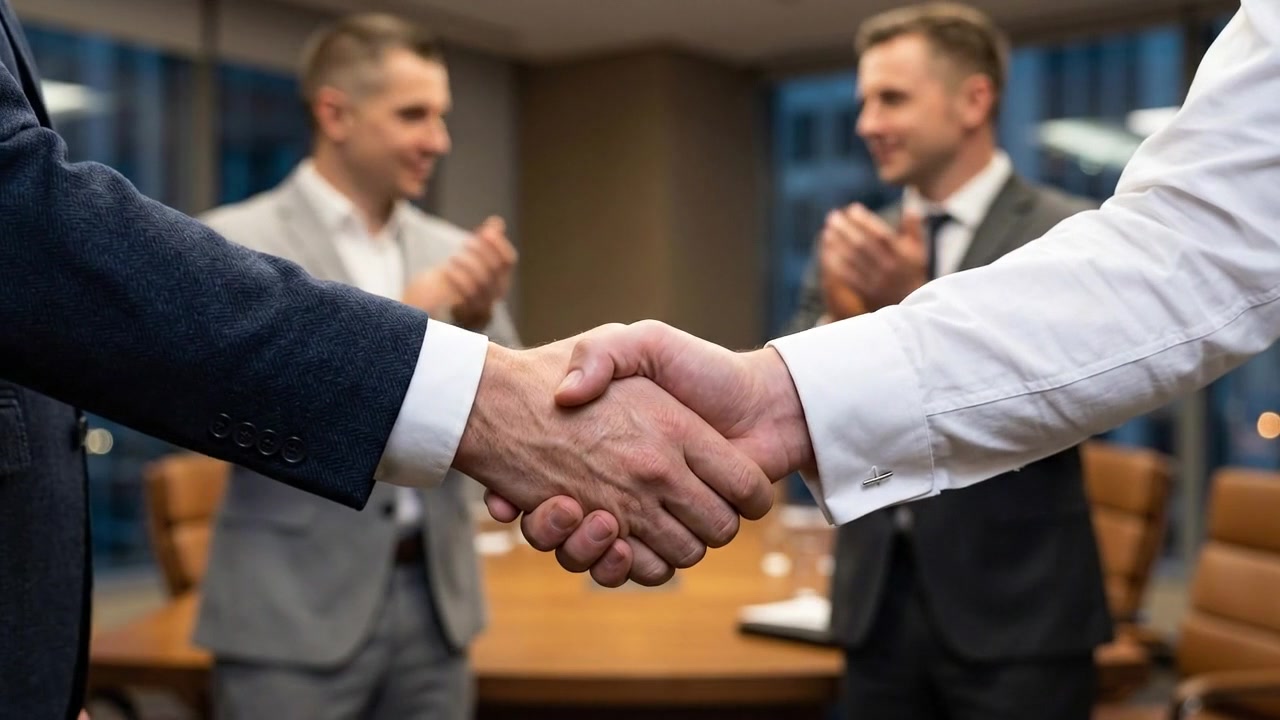 Socios de negocios dándose la mano en una reunión de oficina moderna