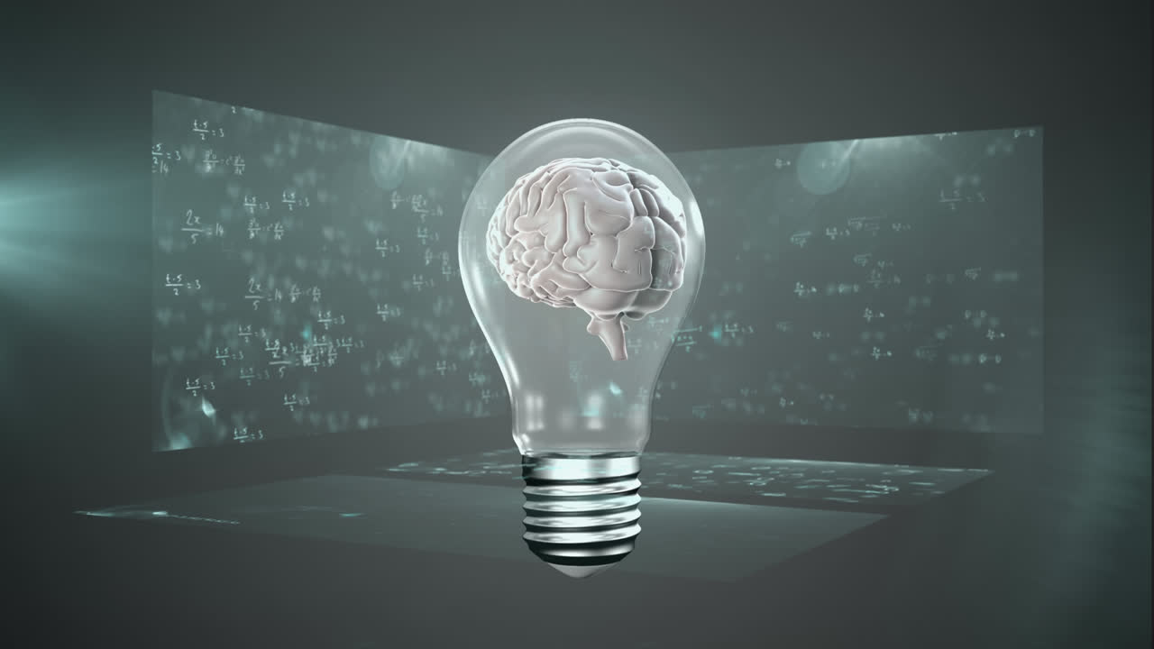 Animation of a light bulb with a 3D human brain model spinning over three screens with mathematical 