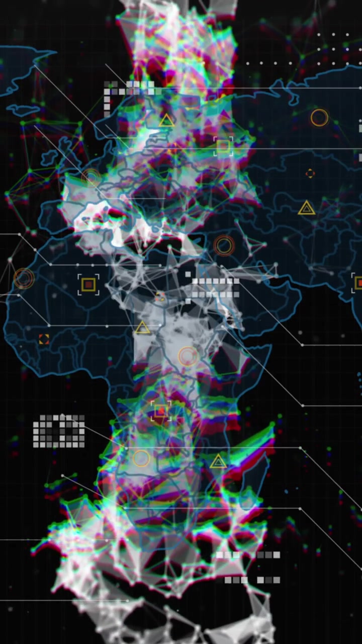 Animazione di filamento di DNA, elaborazione dati e statistiche su mappa del mondo