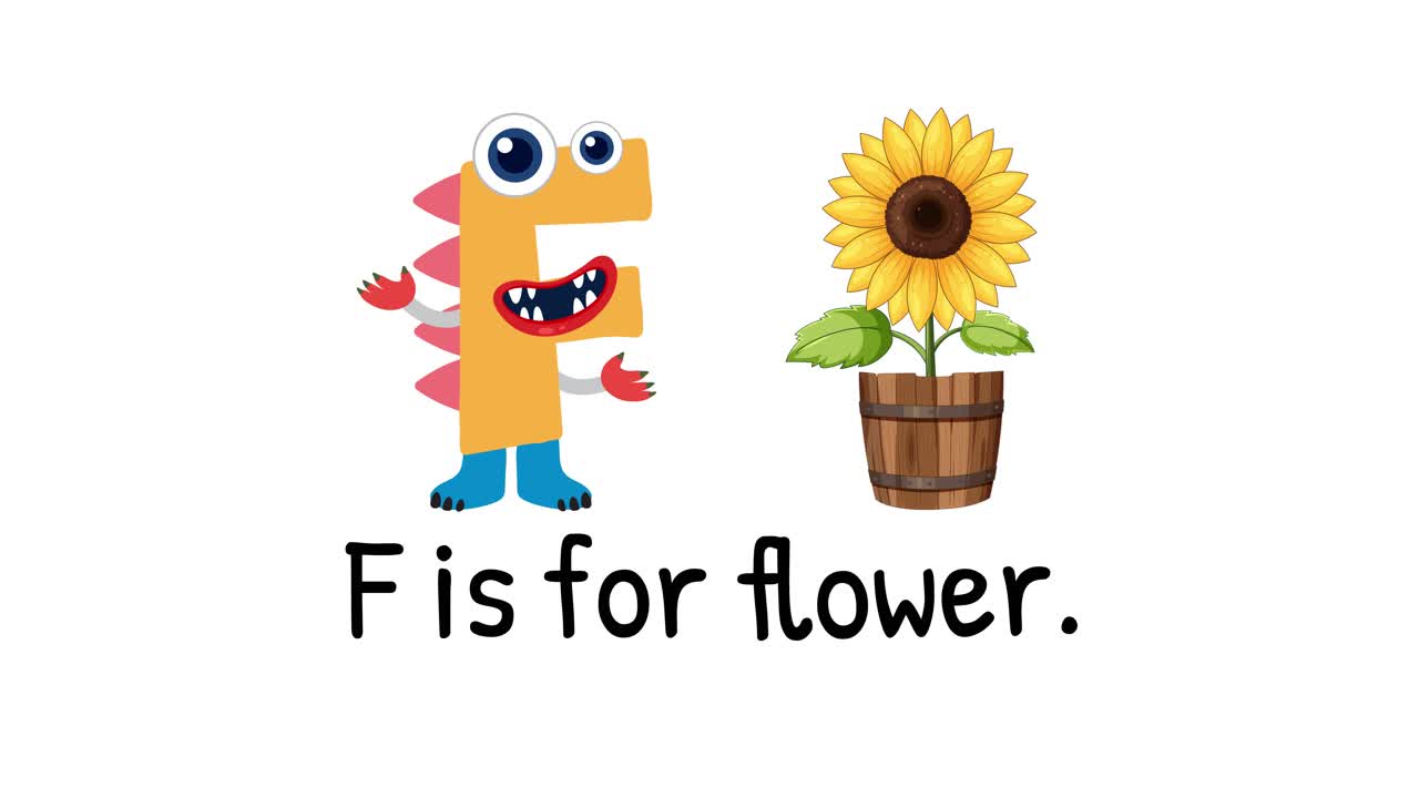 A playful animation with a colorful character introducing the letter F alongside a vibrant sunflower