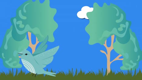 Animation-of-blue-bird-with-green-land,-trees-and-clouds-over-blue-background