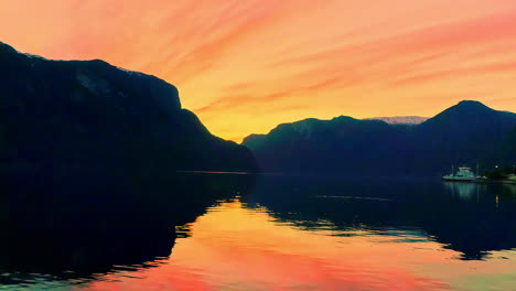 Szenischer-Sonnenuntergang-Der-Goldenen-Stunde-Mit-Fluss--Und-Berglandschaft