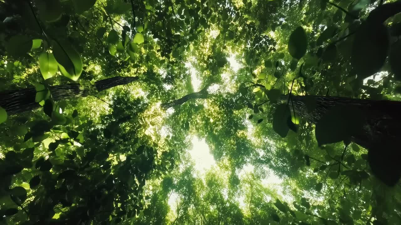 A serene video of sunlight filtering through lush green leaves, captured from a low-angle