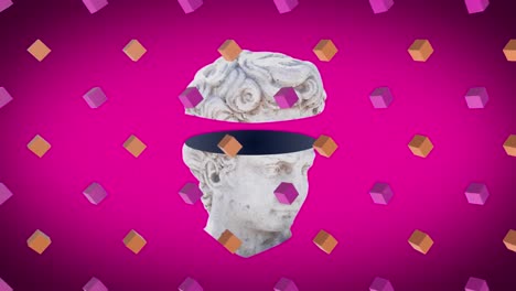 animation of antique sliced head sculpture over rows of cubes on pink background