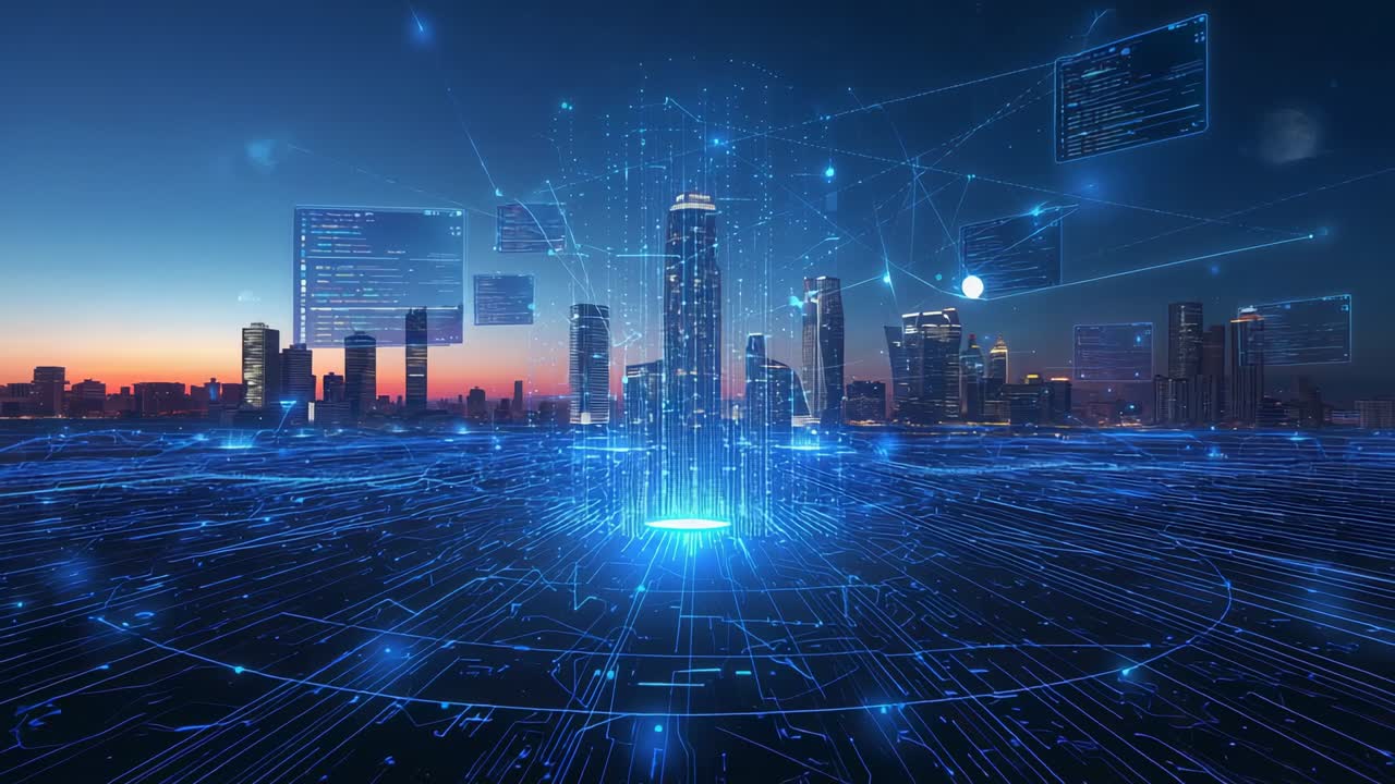 Central data hub emerging pulsing grid dusk cityscape projecting beams, forming network with nodes